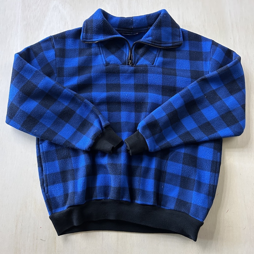 Vintage 90s Stats Sweatshirt Mens XL Blue Black Fleece 1/4 Zip Plaid Pullover